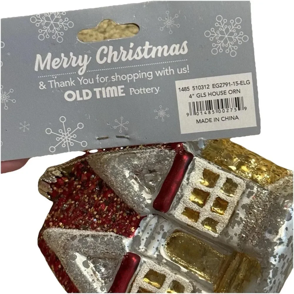 Vintage House Christmas Ornament Glass Glittered 4